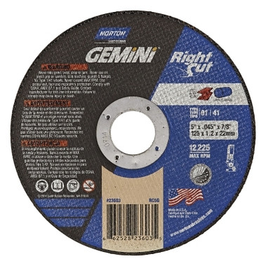 Norton Gemini RightCut Cut-Off Wheel, Type 1, 5 in dia, 0.045 in Thick, 7/8 in Arbor, 36 Grit, Aluminum Oxide (25 EA / BOX) Norton Gemini RightCut Cut-Off Wheel, Type 1, 5 in dia, 0.045 in Thick, 7/8 in Arbor, 36 Grit, Aluminum Oxide (25 EA / BOX)