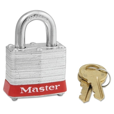 Master Lock No. 3 Laminated Steel Padlock, 9/32 in dia, 5/8 in W x 3/4 in H Shackle, Silver/Red, Keyed Alike, Keyed 0774 (6 EA / BOX)