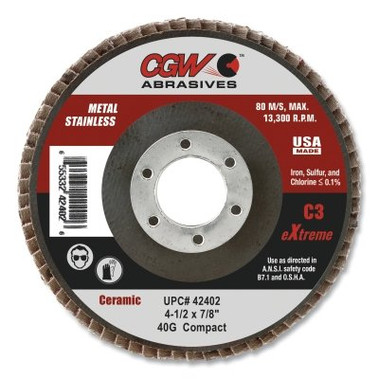 CGW Abrasives C3 Ceramic Flap Disc, 4-1/2 in dia, 40 Grit, 7/8 in Arbor, 13300 RPM (10 EA / BX)