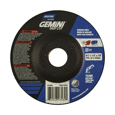 Norton Grinding Wheels, Aluminum Oxide, 4 1/2" Dia, 7/8" Arbor, 1/4 in Thick, 24 Grit (1 EA / EA)