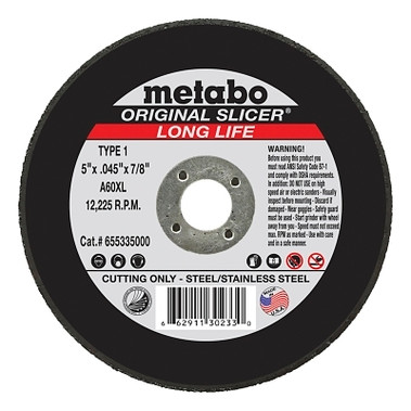 Metabo Original Slicer Cutting Wheel, Type 1, 5 in Diameter, 0.045 in Thick, 60 Grit, Alum Oxide (1 EA / EA)