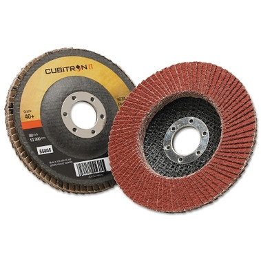 3M Abrasive Cubitron II Flap Disc 967A, 4-1/2 in dia, 40 Grit, 7/8 in Arbor, 13,300 RPM, Type 27 (10 DC / CA) 3M Abrasive Cubitron II Flap Disc 967A, 4-1/2 in dia, 40 Grit, 7/8 in Arbor, 13,300 RPM, Type 27 (10 DC / CA)