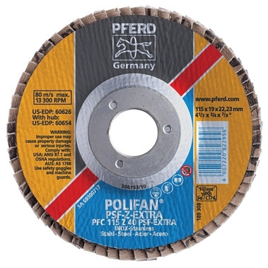 Pferd POLIFAN PSF-EXTRA Flap Discs, 4 1/2 in, 40 Grit, 7/8 in Arbor, 13,300 rpm (1 EA / EA)