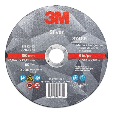 3M Abrasive Silver Cut-Off Wheel, Precision Shaped Ceramic, 6 in Dia, 60 Grit, 0.875 Arbor Dia (50 WH / CA)