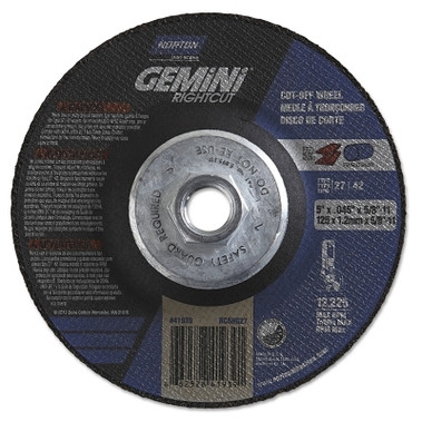 Norton Gemini RightCut Depressed Center Wheel, Aluminum Oxide, 4-1/2 in x 3/32 in x 5/8 -11, 24 Grit (1 EA / EA)
