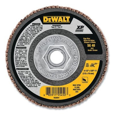 DeWalt XP Ceramic Flap Disc, 4-1/2 in, 40 Grit, 5/8 in - 11 Arbor, 13300 RPM, Type 27 (1 EA / EA)