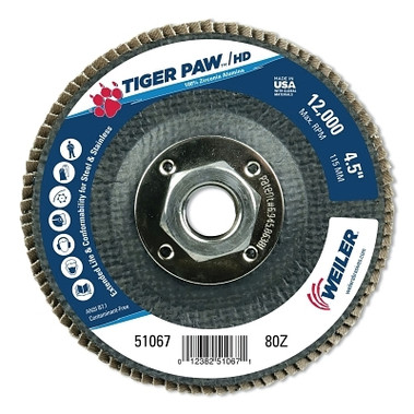 Weiler Tiger Paw Super High Density Flap Disc, 4-1/2 in, 80 Grit, 5/8 in-11 Hub Arbor (10 EA / BX)