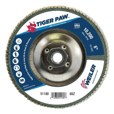 Weiler Tiger Paw TY29 Coated Abrasive Flap Disc, 6 in, 60 Grit, 5/8 in-11 Hub Arbor (10 EA / BX)