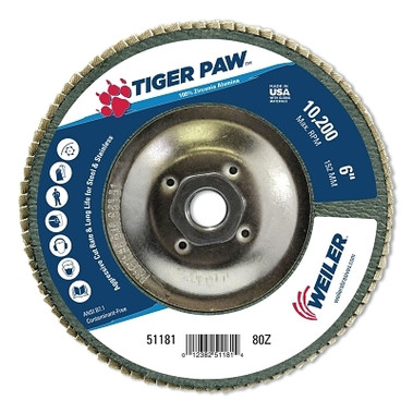 Weiler Tiger Paw TY29 Coated Abrasive Flap Disc, 6 in, 80 Grit, 5/8 in-11 Hub Arbor (10 EA / BX)