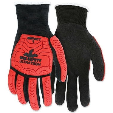 MCR Safety UT1950 UltraTech Impact Level 1 Mechanics Knit Gloves, Large, Hi-Vis Red TPR, Black Coating/Shell (12 PR / DZ)