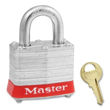 Master Lock No. 3 Laminated Steel Padlock, 9/32 in dia, 5/8 in W x 3/4 in H Shackle, Silver/Red, Keyed Alike, Keyed 2010 (6 EA / BOX)