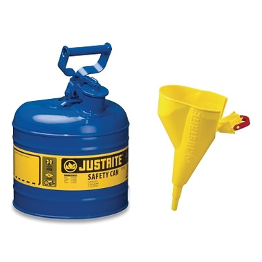 Justrite Type I Steel Safety Can, Kerosene, 2 gal, Blue, with Funnel (1 EA / EA)