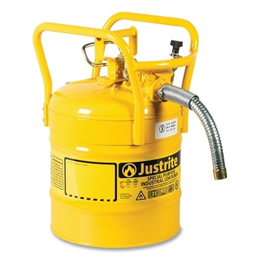 Justrite Type II AccuFlow DOT Steel Safety Can, 5 gal, Yellow, 1 in Metal Hose, Roll Bars (1 EA / EA)