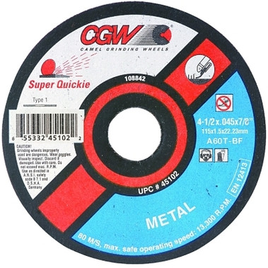 CGW Abrasives Reinforced Cut-Off Wheel, 5 in Dia, .045 in Thick, 60 Grit Alum. Oxide (50 EA / BX)