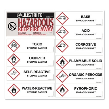 Justrite Hazardous Material Safety Cabinet Application Specific Label, 12 in H x 10 in W, Haz-Alert Hazardous - Keep Fire Away, Pack (1 EA / EA)