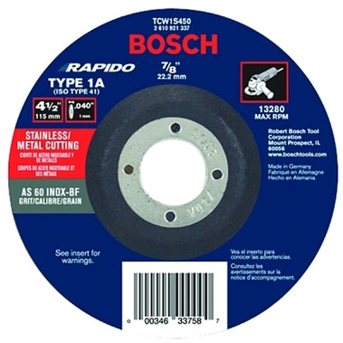 Bosch Power Tools Thin Cutting/Rapido Type 1A (ISO 41) Wheel, 4 1/2", 7/8" Arbor, AS60INOX-BF Grit (25 EA / BX)