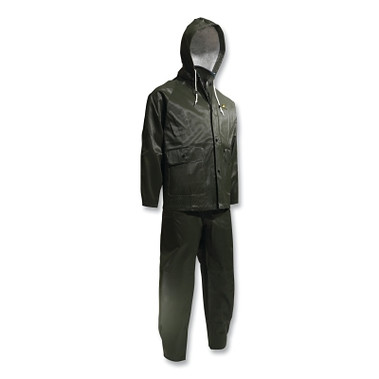 ONGUARD Webtex 3-Pc Rain Suit with Hooded Jacket/Bib Overalls, 0.65 mm Thick, Heavy-Duty Ribbed PVC, Olive Green, 2X-Large (1 EA / EA)