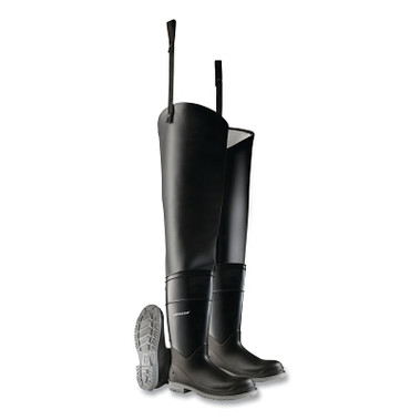 Dunlop Protective Footwear Hip Waders, Plain Toe, Steel Shank, Men's 6, 32 in Inseam, Polyblend/PVC, Black (1 PR / PR)