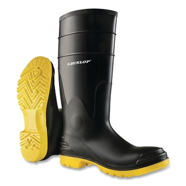 Dunlop Protective Footwear PolyGoliath Rubber Boots, Steel Toe and Midsole, Men's 12, Polyblend/PVC, Black/Yellow (1 PR / PR)