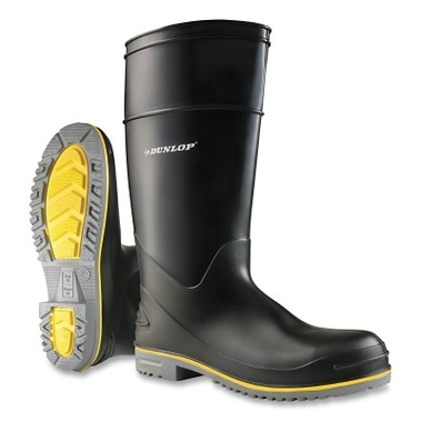 Dunlop Protective Footwear Polyflex 3 Rubber Boots, Plain Toe, Men's 5, 15 in Boot, PolyBlend/PVC, Black/Gray/Yellow (1 PR / PR)