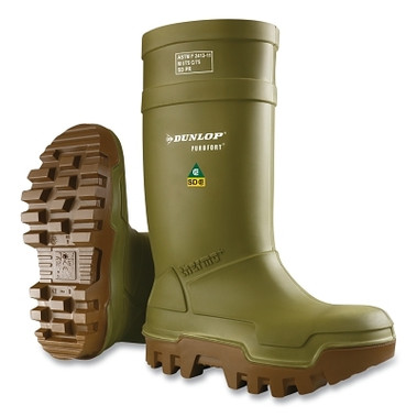 Dunlop Protective Footwear Purofort Thermo+ Rubber Boots, Steel Toe, Men's 8, 16 in Boot, Polyurethane, Green/Brown (1 PR / PR)