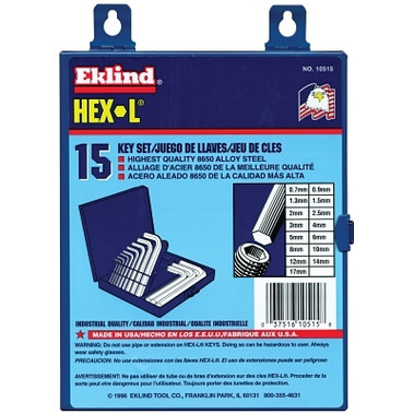 Eklind Tool Hex-L Key Set, 15 per set, Hex Tip, Metric (1 ST / ST)