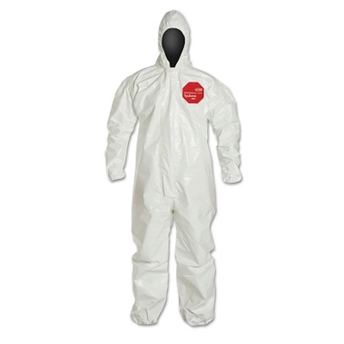 DuPont Tychem 4000 Coverall,Taped Seams, Attached Hood, Elastic Wrists and Ankles, Zipper Front, Storm Flap, White, 4X-Large (6 EA / CA)