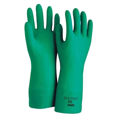 Ansell AlphaTec Solvex Nitrile Gloves, Gauntlet Cuff, Cotton Flock Lined, Size 9, Green, 15 mil (12 PR / DZ)