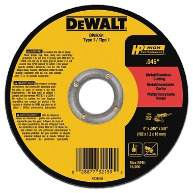 DeWalt Type 1 Thin Metal Cutting Wheels, HP, 4 in x .045 in x 5/8 in, 15200 rpm (25 EA / BOX)