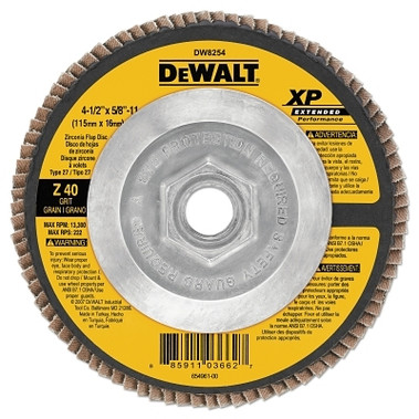 DeWalt XP Extended Performance Flap Disc, 4-1/2 in, 40 Grit, 5/8 in - 11 Arbor, 13300 RPM, Type 27 (10 EA / BX)