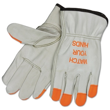 MCR Safety Unlined Drivers Gloves, Industrial Grade Cowhide, Medium, Keystone Thumb, Beige/Hi-Vis Orange (12 PR / DZ)