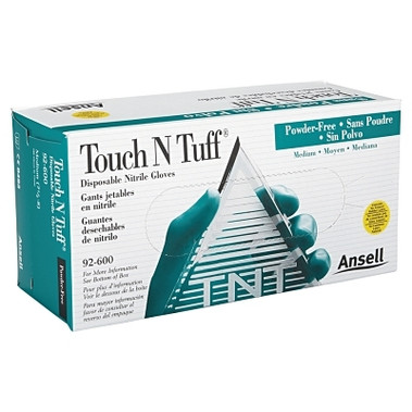 TouchNTuff 92-600 Nitrile Powder-Free Disposable Gloves, Smooth, 4.9 mil Palm/5.5 mil Fingers, Medium, Green (1 BX / BX)