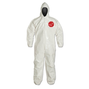 DuPont Tychem 4000 Coverall, Bound Seams, Attached Hood, Elastic Wrist and Ankles, Zipper Front, Storm Flap, White, 4X-Large (12 EA / CA)
