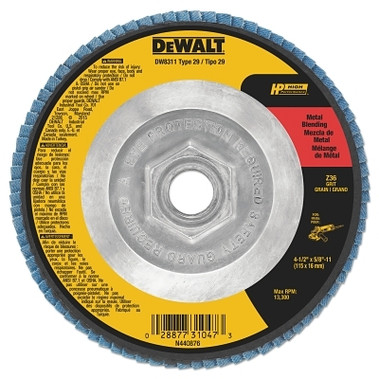 DeWalt High Perf T29 Flap Disc, 4-1/2 in, 36 Grit, 5/8 in-11 Arbor, 13,300 RPM (10 EA / BOX)