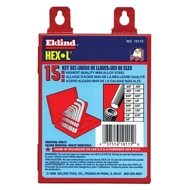 Eklind Tool Hex-L Key Set, 15 per set, Hex Tip, Inch (1 SET / SET)