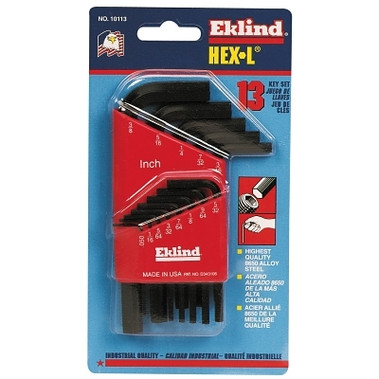 Eklind Tool Hex-L Key Set, 13 per holder, Hex Tip, Inch, Short Arm (1 ST / ST)