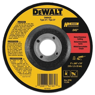 DeWalt HP T27 Metal Cuttiing Wheel, 5 in dia, 7/8 in Arbor, 12,200 RPM (25 EA / BX)