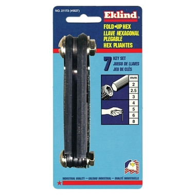 Eklind Tool Metric Fold-Up Hex Key Sets, 7 per fold-up, Hex Tip, Metric, 4 1/4 in Handle (1 ST / ST)