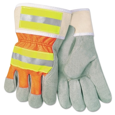 MCR Safety Luminator Leather Palm Gloves, Large, Leather/Nylon, Orange/Gray (12 PR / DZ)