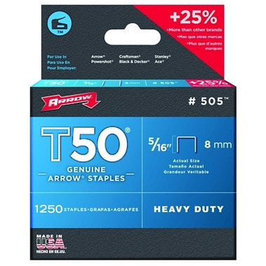 Arrow Fastener T50 Type Staple, #505, 5/16 in L x 3/8 in W, 1,250/PK (1 PK / PK)