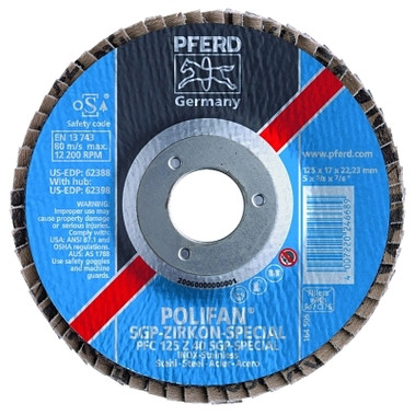 Pferd Type 29 POLIFAN SGP Flap Discs, 5", 40 Grit, 5/8 Arbor, 12,200 rpm, Ceramic Ox (10 EA / BX)