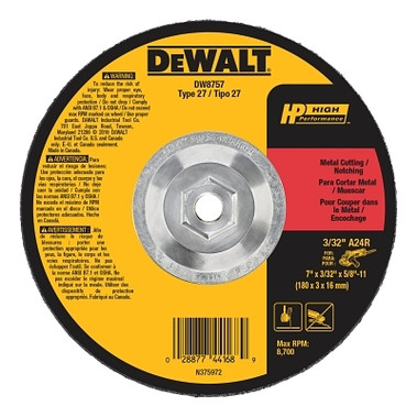 DeWalt Type 27 HP Metal Cutting Wheels, 7 in Dia, 5/8 in - 11 Arbor, 0.45 in Thick (10 EA / BX)