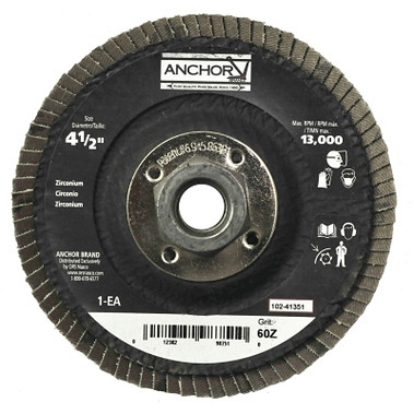 Anchor Brand Abrasive Flap Disc, 4-1/2 in, 40 Grit, 7/8 in Arbor, 13,000 rpm, Angled (10 EA / BX)