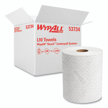 WypAll Reach Centerpull System L10 Towels, White, 11 in W x 7 in L, 340 Sheets/Roll, Box, 1 Ply (6 RL / CA)
