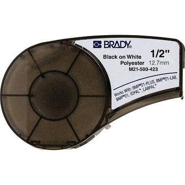 Brady BMP21 Plus Series B-423 Harsh Environment Label, 21 ft L x 0.25 in W, Black Text on White Tape, Gloss (1 EA / EA)