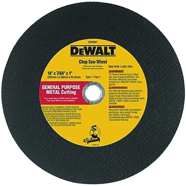 DeWalt Type 1 - Cutting Wheels, 16 in, 1 in Arbor, A36S, 3,800 rpm, Metal Cutting (10 EA / BOX)