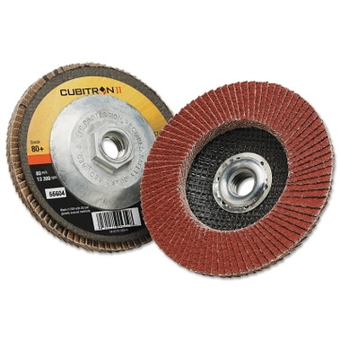 3M Abrasive Cubitron II Flap Disc 967A, 4-1/2 in dia, 80 Grit, 5/8 in-11 Arbor, 13,300 RPM, Type 27 (10 DC / CA)