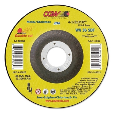 CGW Abrasives Thin Cut-Off Wheel, 4 1/2 in Dia, 3/32 in Thick, 7/8 Arbor, 36 Grit Alum. Oxide (25 EA / BOX)