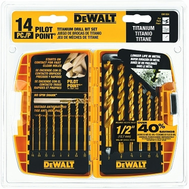 DeWalt 14-Pc. Titanium Drill Bit Sets, 1/16 in - 3/16 in Cut Dia., 14-Piece (1 ST / ST)