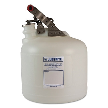 Justrite Self-Close Corrosive Containers for Labs, Hazardous Liquid, 2 1/2 gal, White (1 EA / EA)